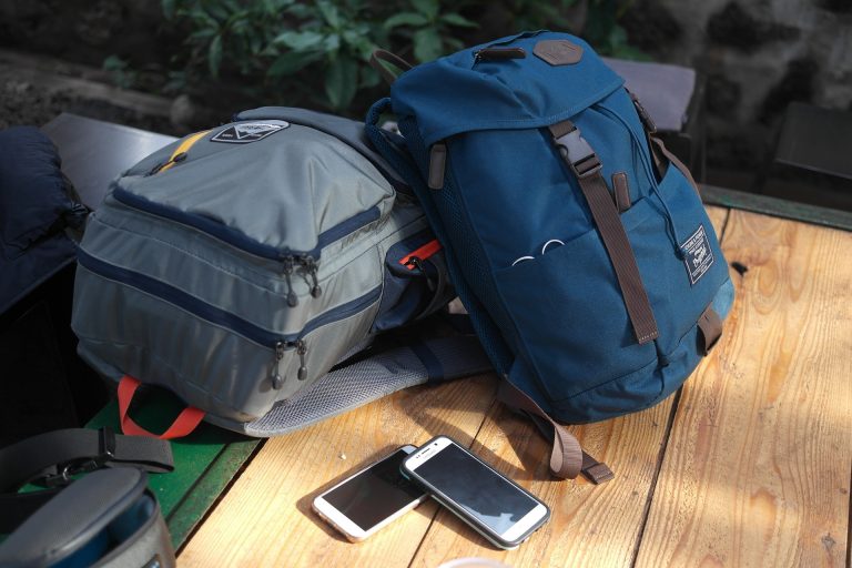 Backpacks filled with disaster preparedness supplies. 