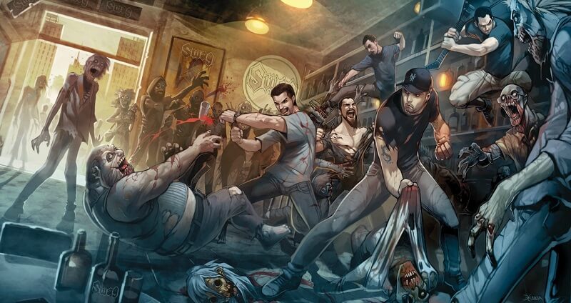 drawing of humans fighting zombies
